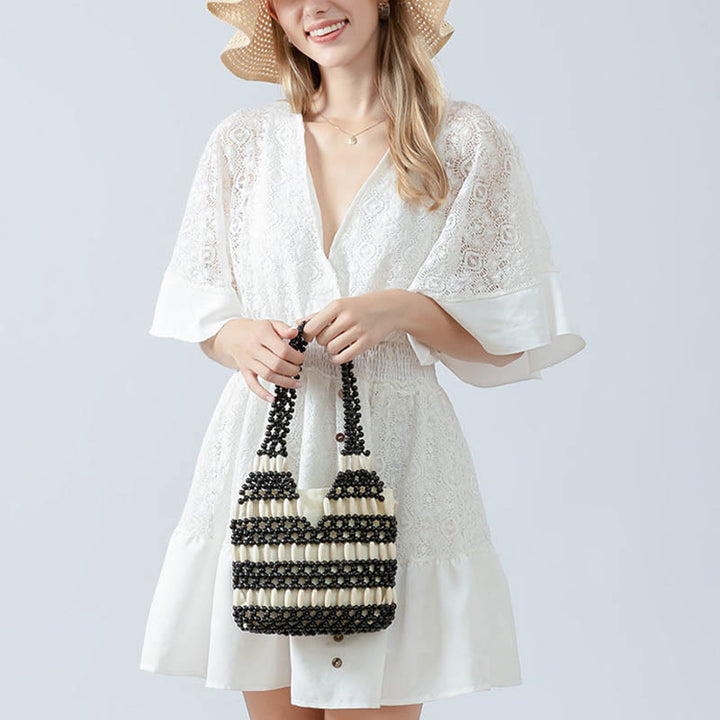 Bolso de hombro de cuentas de madera redondas hechas a mano con piedras de Buda