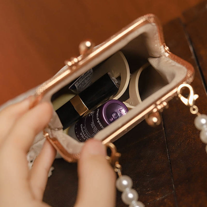 Bolso de mano bandolera con cadena de perlas, patrón de orquídea, piedra montañosa de piedras de Buda