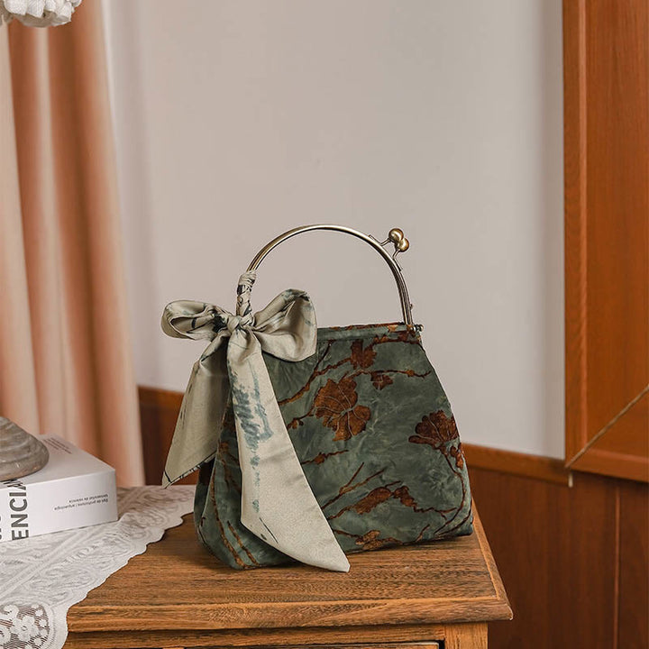 Bolso de Mano de Cadena Metálica Jacquard de Terciopelo con Piedras de Buda