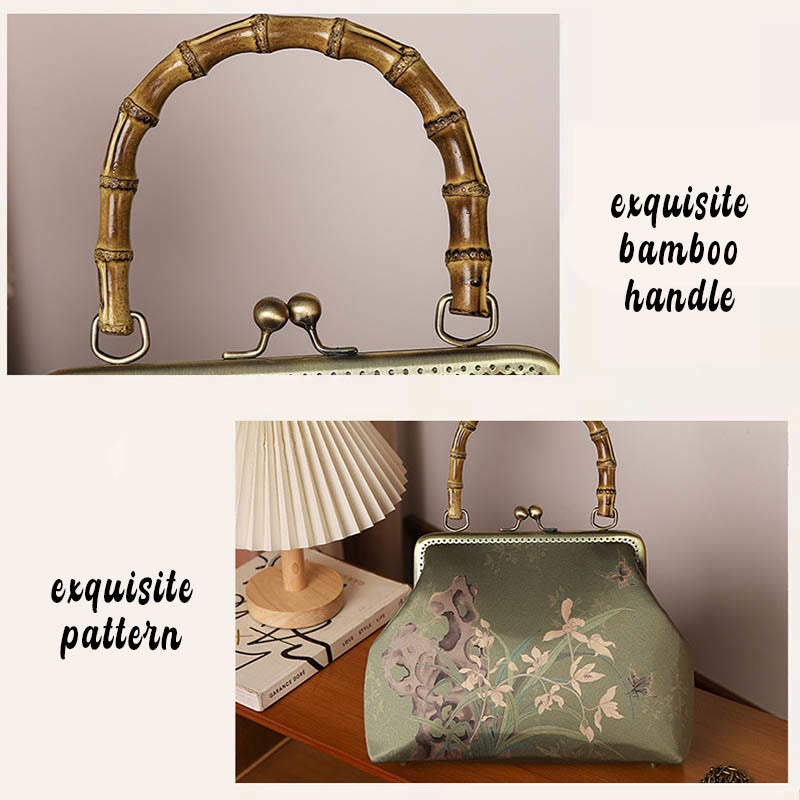 Bolso cruzado con asa de bambú y cadena de metal, piedras de Buda, plantas verdes, montañas