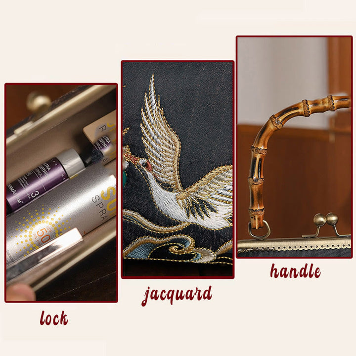 Buda Piedras Nubes Auspiciosas Grullas Bordado Mango de Bambú Bolso de Mano Bolsa de Hombro