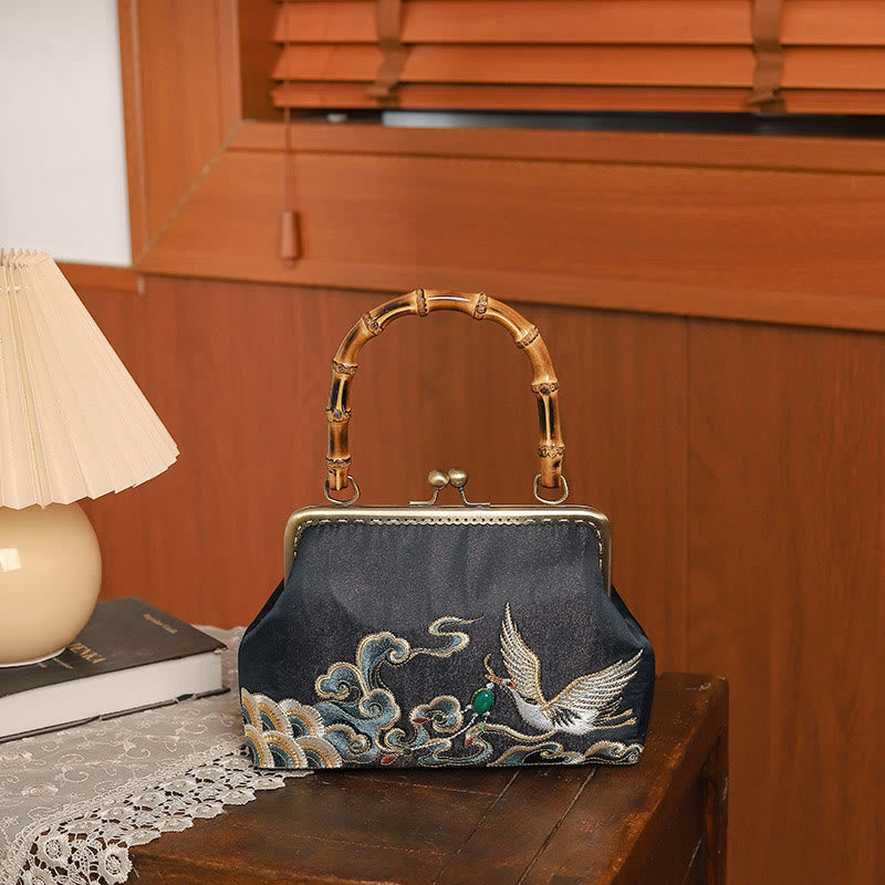 Buda Piedras Nubes Auspiciosas Grullas Bordado Mango de Bambú Bolso de Mano Bolsa de Hombro