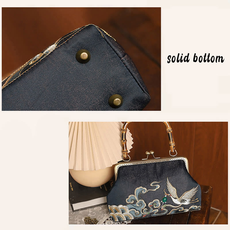 Buda Piedras Nubes Auspiciosas Grullas Bordado Mango de Bambú Bolso de Mano Bolsa de Hombro