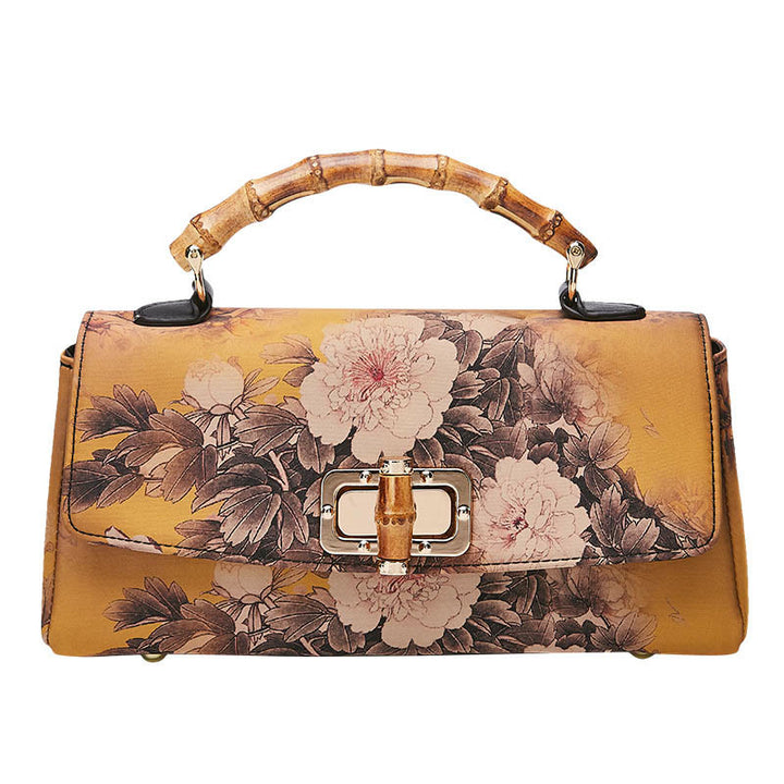 Bolso de mano cruzado con cadena de metal y asa de bambú con patrón de flores y piedras de Buda