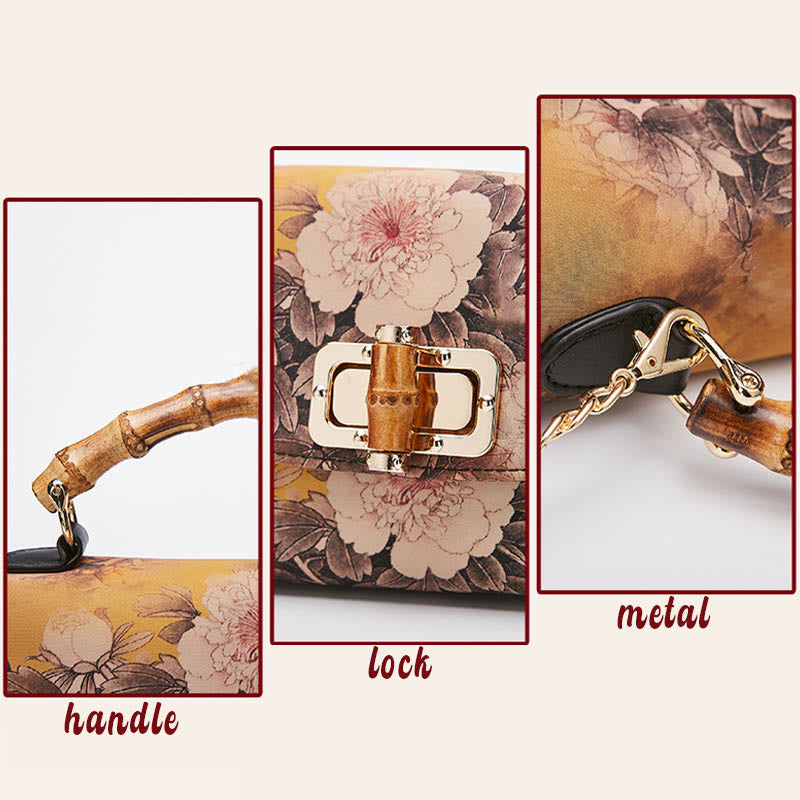Bolso de mano cruzado con cadena de metal y asa de bambú con patrón de flores y piedras de Buda