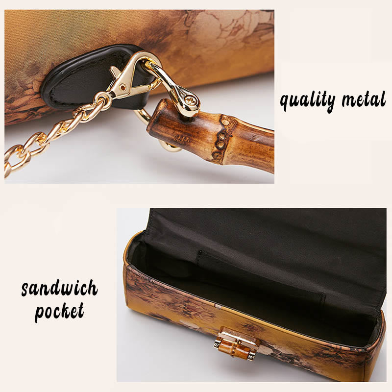 Bolso de mano cruzado con cadena de metal y asa de bambú con patrón de flores y piedras de Buda