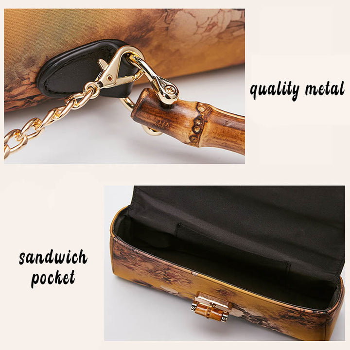 Bolso de mano cruzado con cadena de metal y asa de bambú con patrón de flores y piedras de Buda