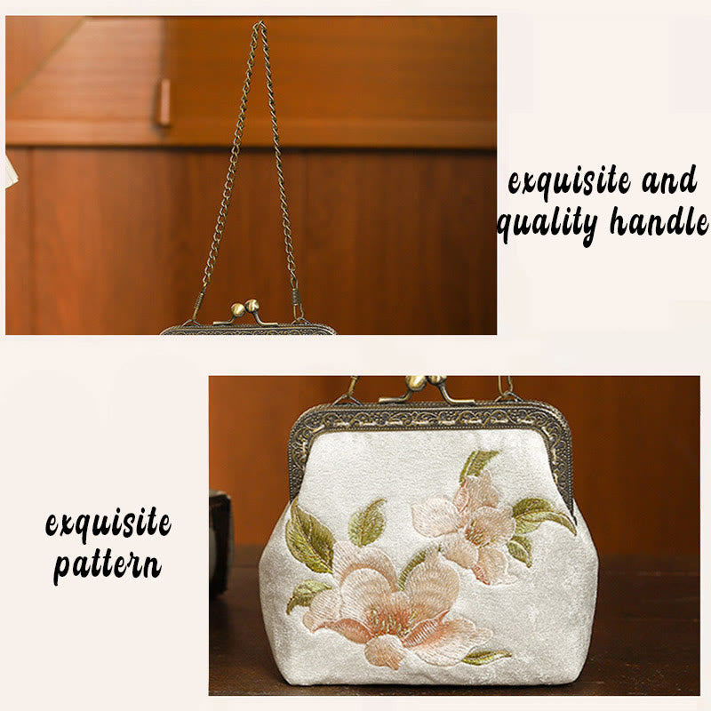 Buddha Stones Orchids Oriental Cherry Butterfly Embroidery Metal Handle Handbag
