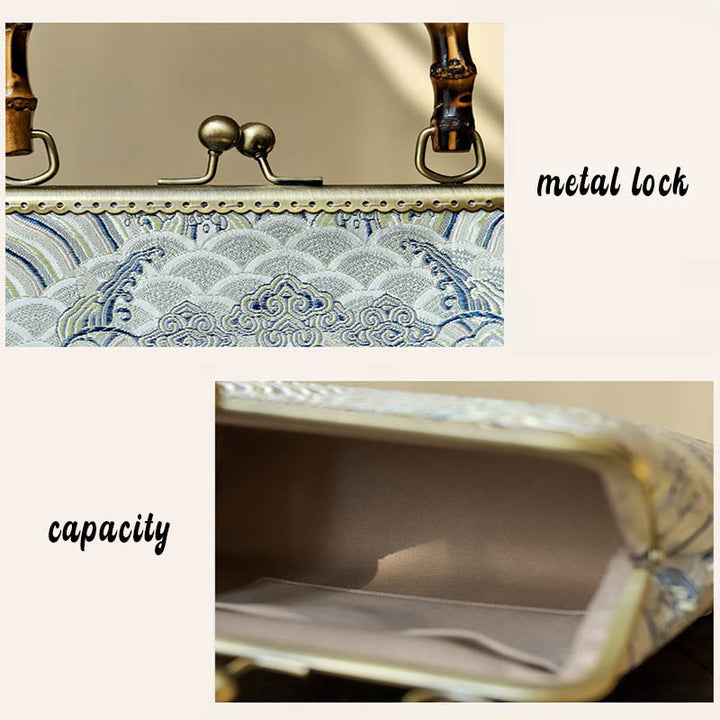 Bolso cruzado con cadena de metal, líneas plateadas y mango de bambú de Piedras Buddha