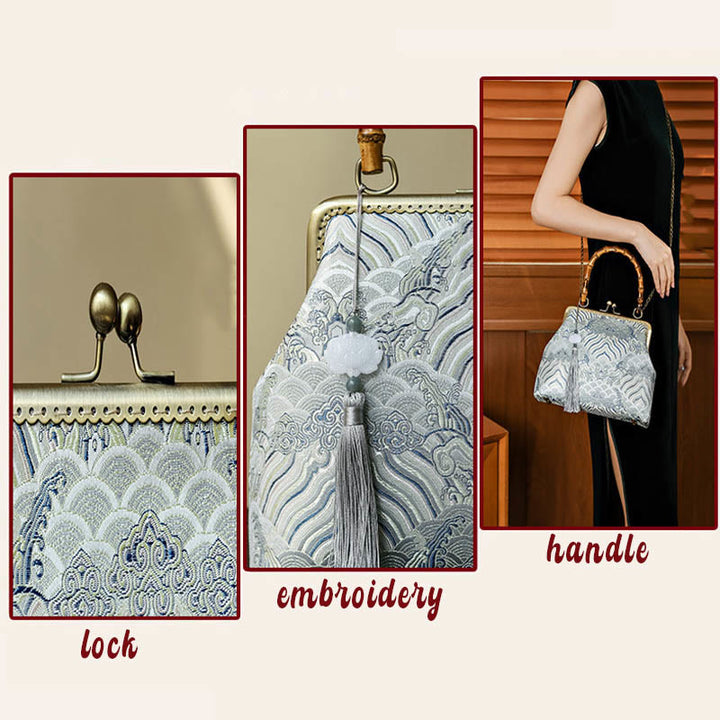 Bolso cruzado con cadena de metal, líneas plateadas y mango de bambú de Piedras Buddha