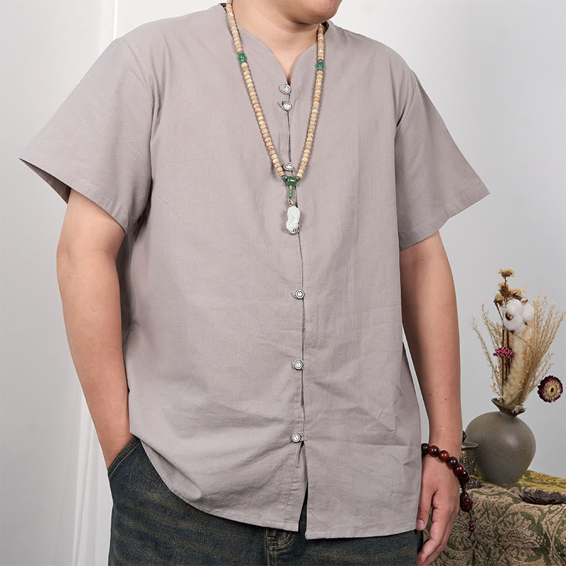 Buddha Stones Camisa de lino y algodón con botones de manga corta para hombre