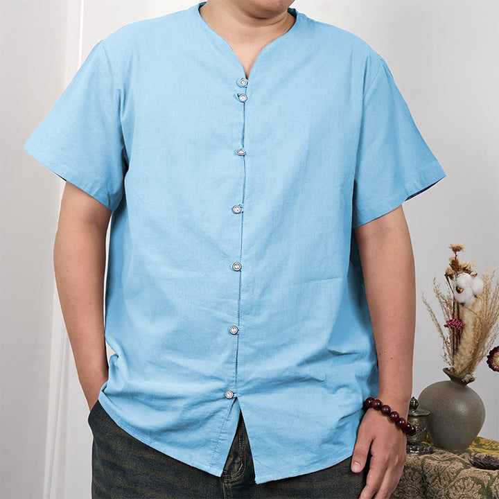 Buddha Stones Camisa de lino y algodón con botones de manga corta para hombre