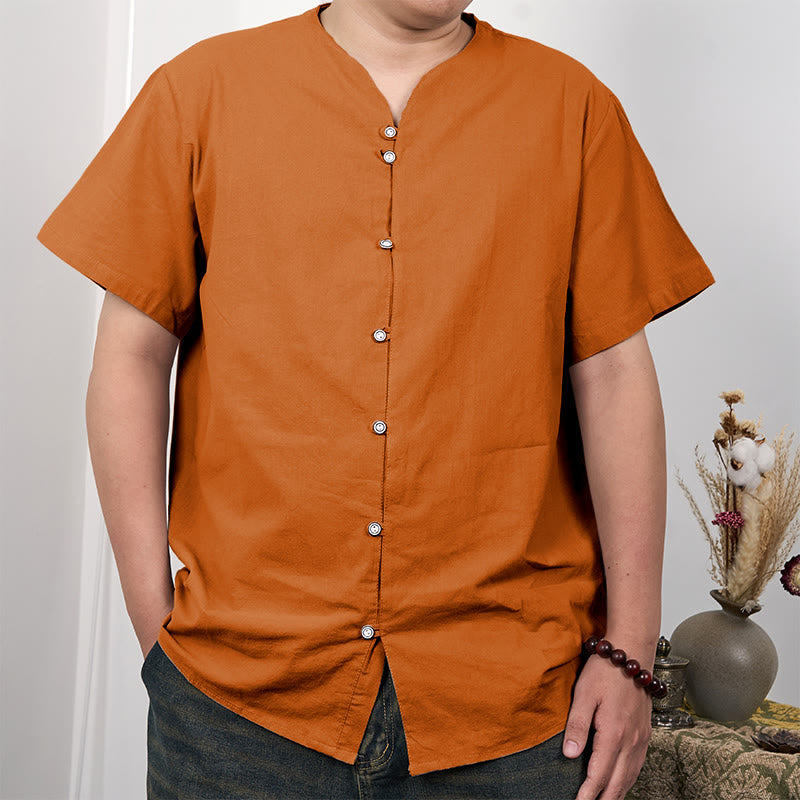 Buddha Stones Camisa de lino y algodón con botones de manga corta para hombre