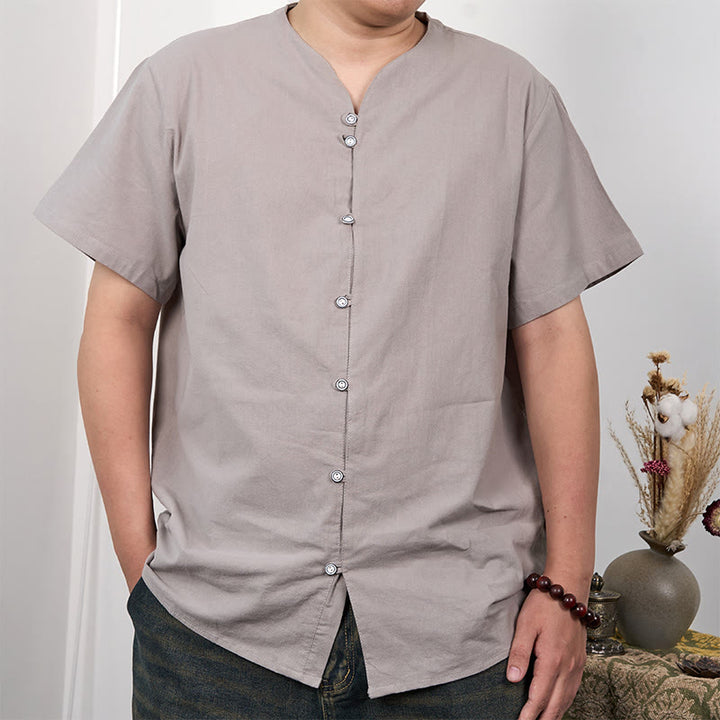 Buddha Stones Camisa de lino y algodón con botones de manga corta para hombre