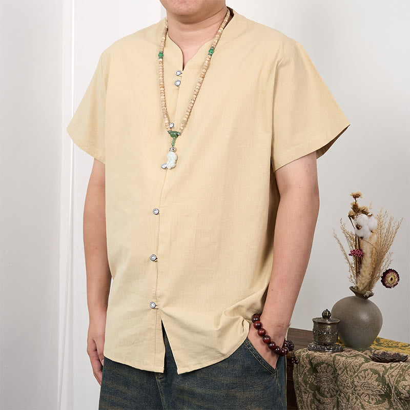 Buddha Stones Camisa de lino y algodón con botones de manga corta para hombre