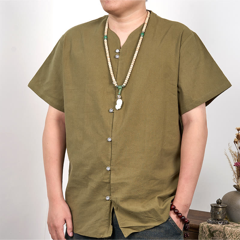 Buddha Stones Camisa de lino y algodón con botones de manga corta para hombre