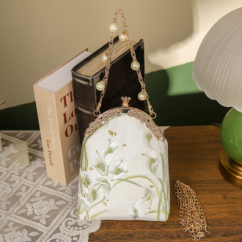 Bolso de Mano de Mango Metálico con Bordado de Callas y Piedras de Buda, Bolso de Hombro Cruzado