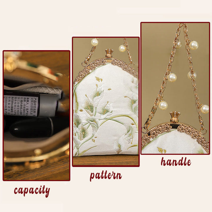 Bolso de Mano de Mango Metálico con Bordado de Callas y Piedras de Buda, Bolso de Hombro Cruzado