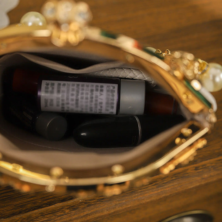 Bolso de Mano de Mango Metálico con Bordado de Callas y Piedras de Buda, Bolso de Hombro Cruzado