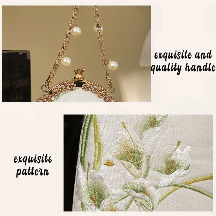 Bolso de Mano de Mango Metálico con Bordado de Callas y Piedras de Buda, Bolso de Hombro Cruzado