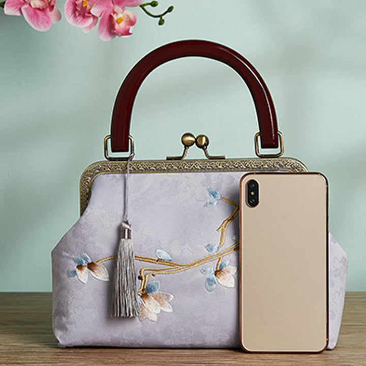 Bolso de mano con bordado de flores y piedras de Buda, bolso bandolera
