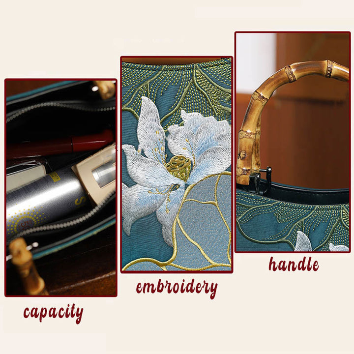 Bolso de Mano con Mango de Bambú y Bordado de Piedras de Buda y Loto