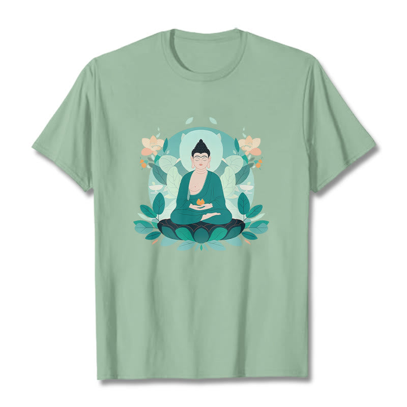 Buddha Stones Camiseta de Buda con ojos cerrados y hoja verde - Verde pálido - 2XL - image 1