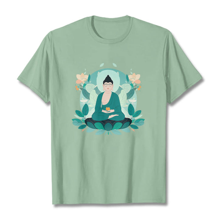 Buddha Stones Camiseta de Buda con ojos cerrados y hoja verde - Verde pálido - 2XL - image 1
