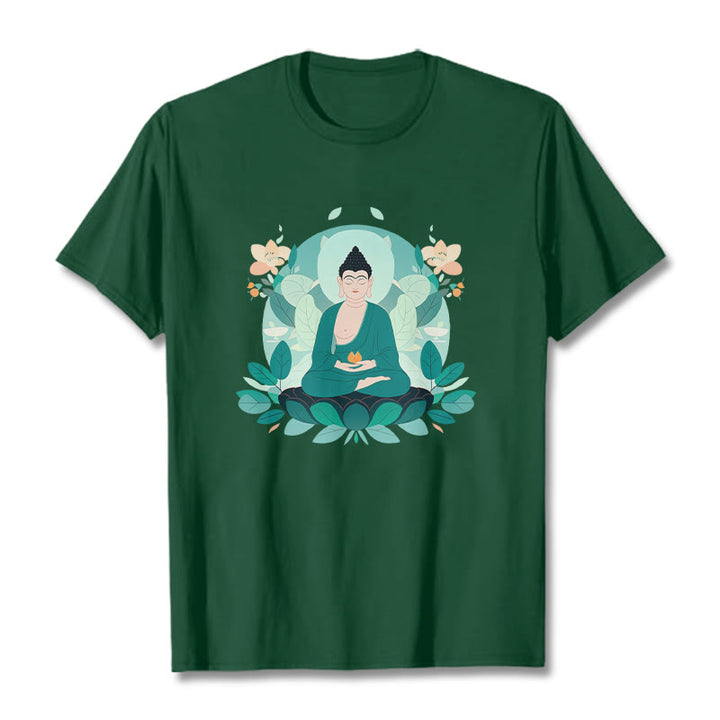 Buddha Stones Camiseta de Buda con ojos cerrados y hoja verde - Verde bosque - 2XL - image 12