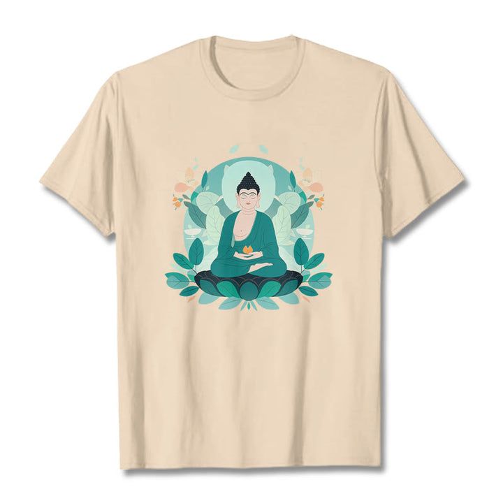Buddha Stones Camiseta de Buda con ojos cerrados y hoja verde - Sopa de mariscos - 2XL - image 10