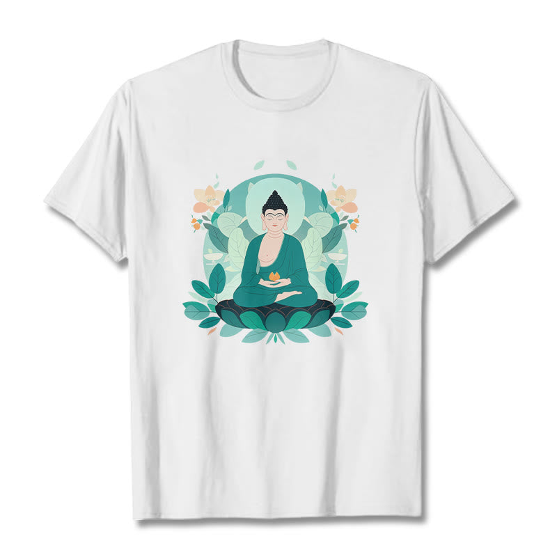 Buddha Stones Camiseta de Buda con ojos cerrados y hoja verde - Blanco - 2XL - image 3