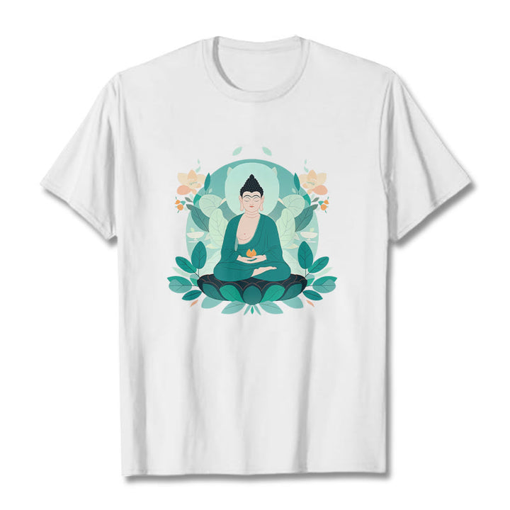 Buddha Stones Camiseta de Buda con ojos cerrados y hoja verde - Blanco - 2XL - image 3