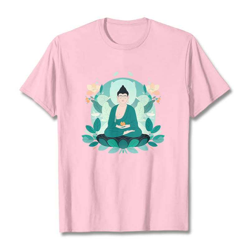 Buddha Stones Camiseta de Buda con ojos cerrados y hoja verde - Rosa claro - 2XL - image 14