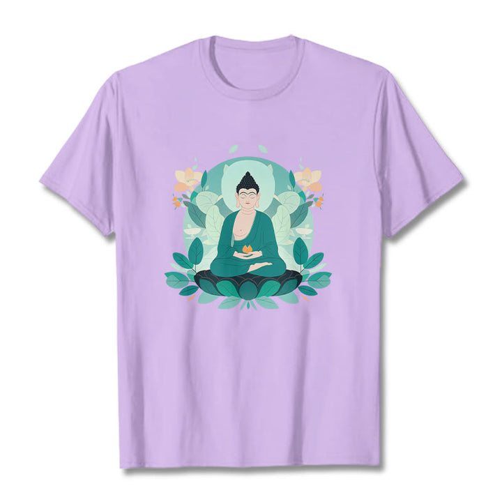 Buddha Stones Camiseta de Buda con ojos cerrados y hoja verde - Ciruela - 2XL - image 16