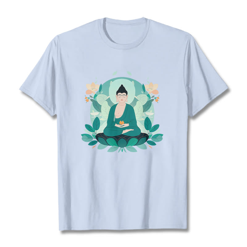 Buddha Stones Camiseta de Buda con ojos cerrados y hoja verde - Cian claro - 2XL - image 18