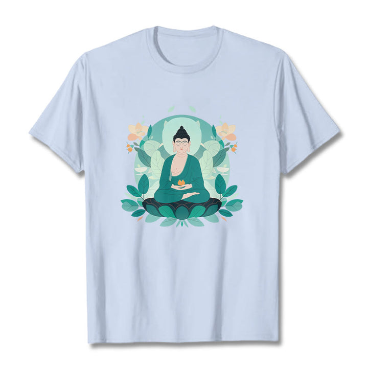 Buddha Stones Camiseta de Buda con ojos cerrados y hoja verde - Cian claro - 2XL - image 18
