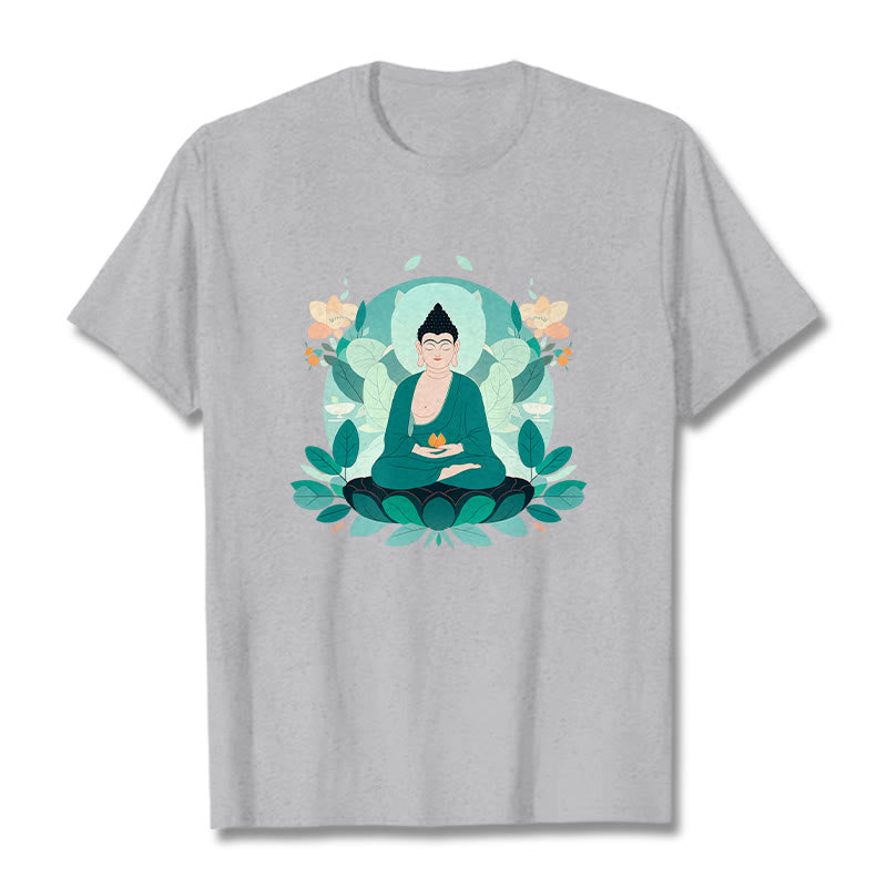 Buddha Stones Camiseta de Buda con ojos cerrados y hoja verde - Gris claro - 2XL - image 19