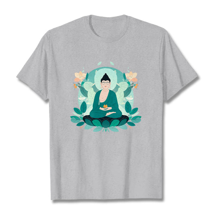 Buddha Stones Camiseta de Buda con ojos cerrados y hoja verde - Gris claro - 2XL - image 19