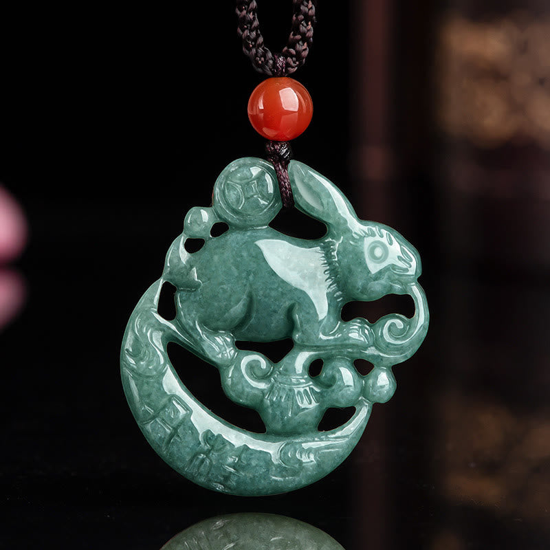 Año del Conejo Jade Suerte Luna Creciente Collar Colgante