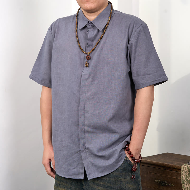 Buddha Stones Camisa casual de lino y algodón con botones de manga corta para hombre - Gris oscuro - US/UK/AU44,EU54 (3XL) - image 0