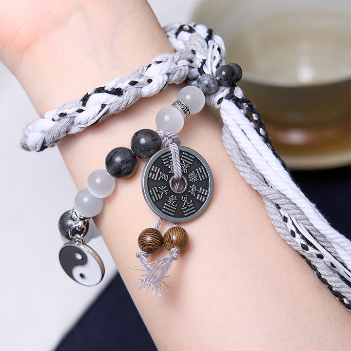 Buddha Stones, piedra negra brillante, ojo de gato, Yin Yang, fantasmas de montaña, gastar dinero, energía, pulsera de cuerda de doble capa