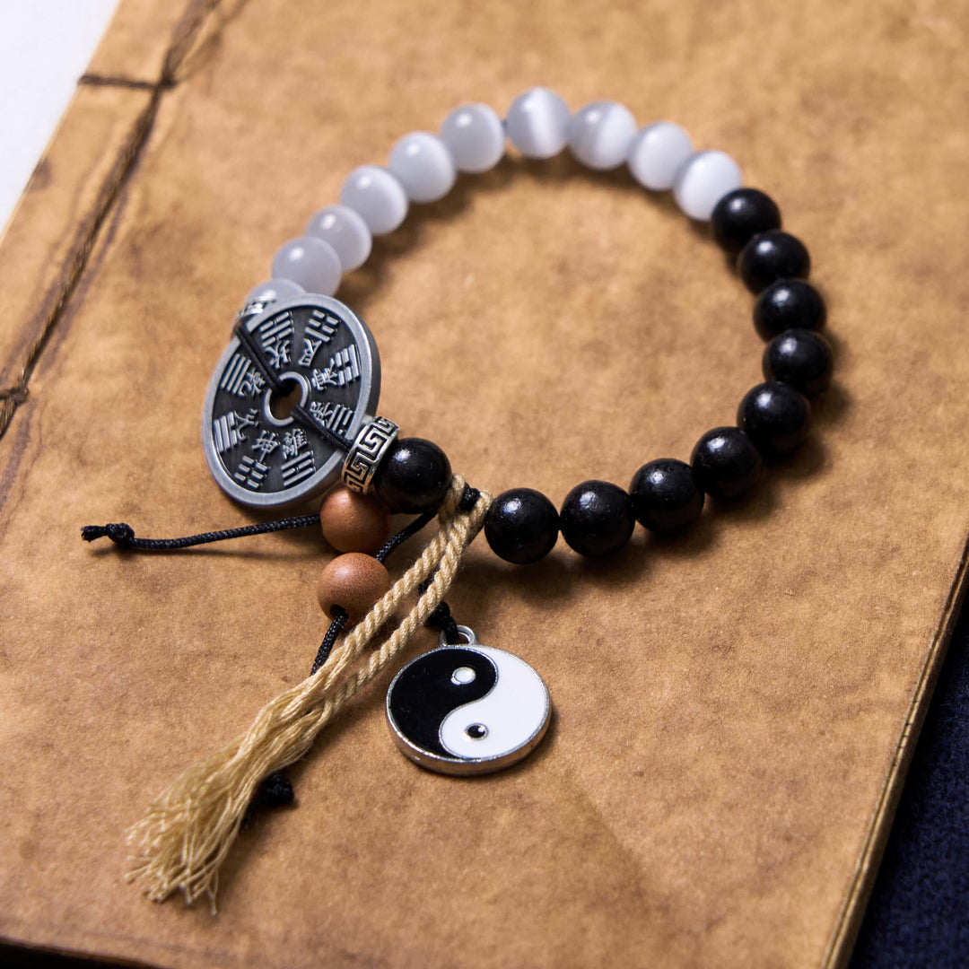 Pulsera de cuerda con soporte para monedas Yin Yang, madera de ébano, ojo de gato, Buddha Stones - Madera de ébano ojo de gato (circunferencia de la muñeca: 14-16 cm) - image 0