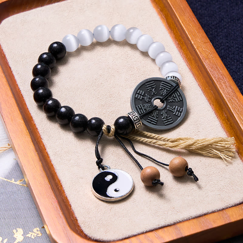 Pulsera de cuerda con soporte para monedas Yin Yang, madera de ébano, ojo de gato, Buddha Stones - image 1