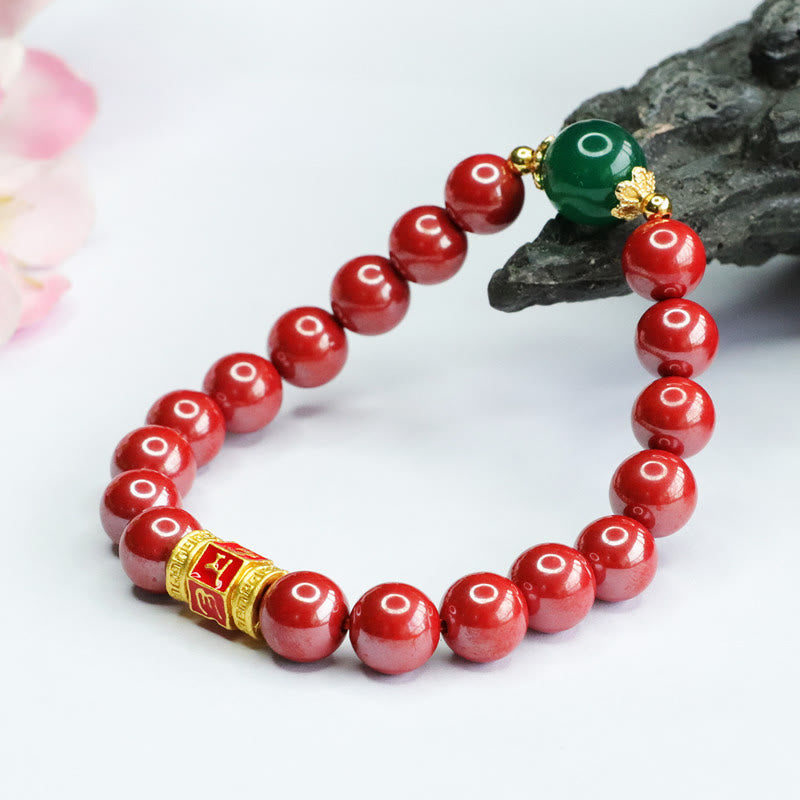 Buddha Stones Pulsera de Bendición con Cinabrio Natural Ágata Verde Patrón Om Mani Padme Hum