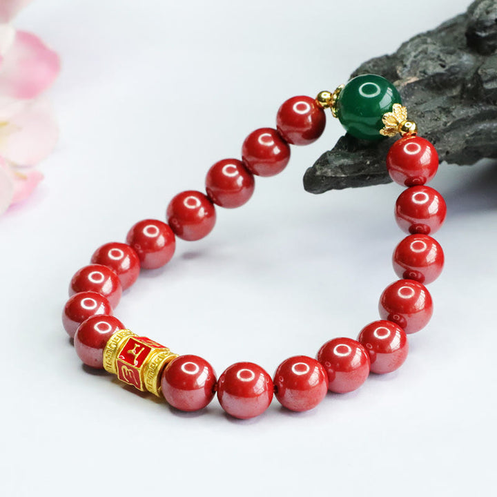 Buddha Stones Pulsera de Bendición con Cinabrio Natural Ágata Verde Patrón Om Mani Padme Hum