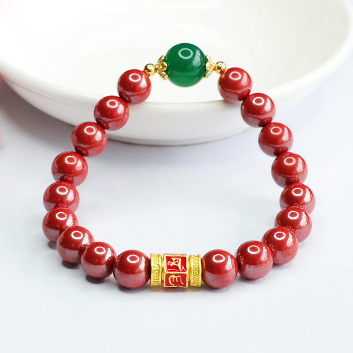 Buddha Stones Pulsera de Bendición con Cinabrio Natural Ágata Verde Patrón Om Mani Padme Hum