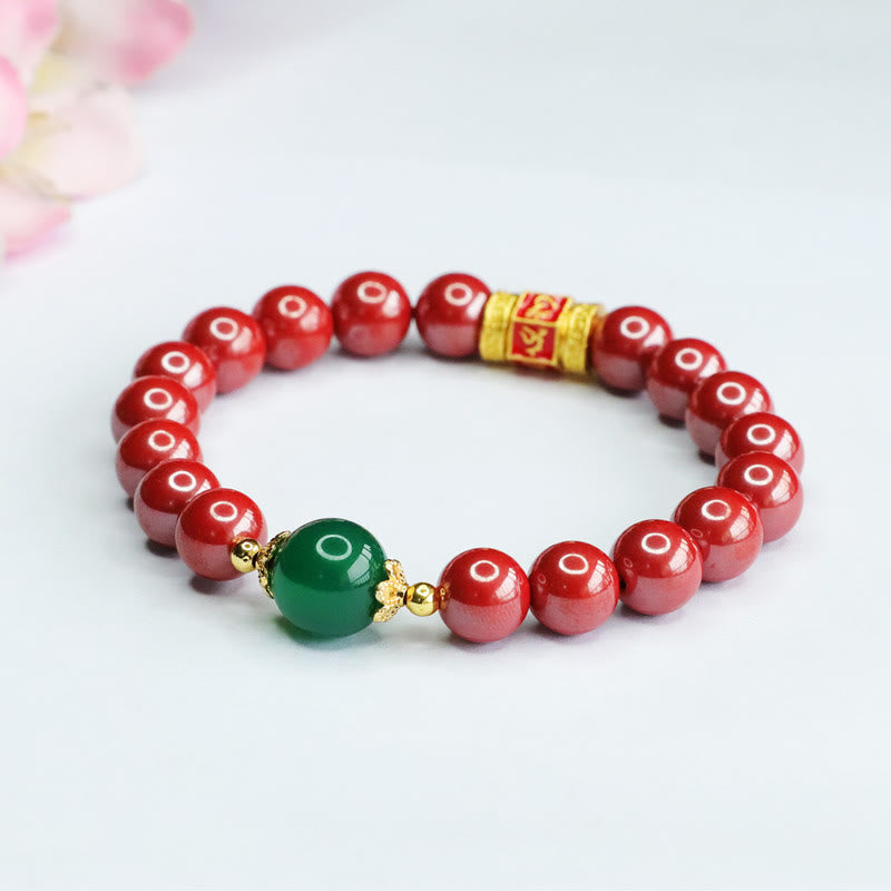 Buddha Stones Pulsera de Bendición con Cinabrio Natural Ágata Verde Patrón Om Mani Padme Hum