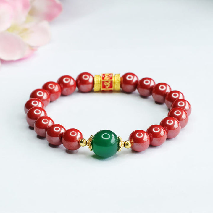 Buddha Stones Pulsera de Bendición con Cinabrio Natural Ágata Verde Patrón Om Mani Padme Hum