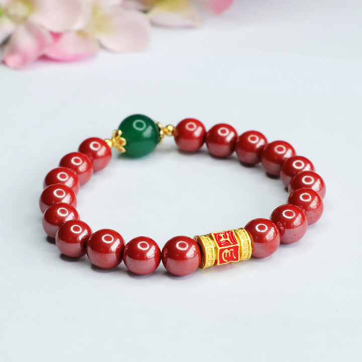 Buddha Stones Pulsera de Bendición con Cinabrio Natural Ágata Verde Patrón Om Mani Padme Hum