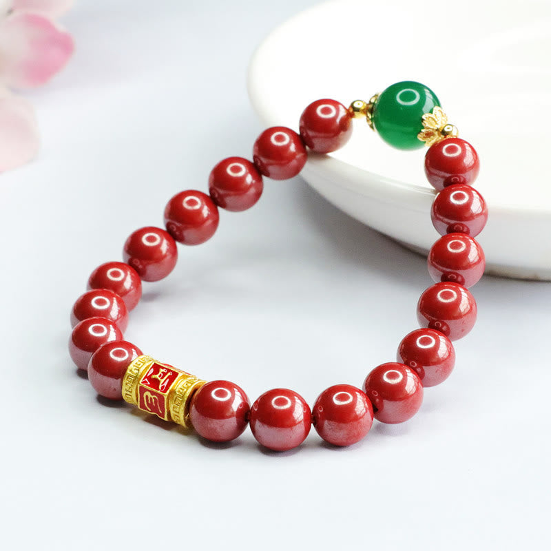Buddha Stones Pulsera de Bendición con Cinabrio Natural Ágata Verde Patrón Om Mani Padme Hum